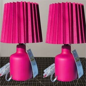 Set of 2 - Mini Ceramic Bedside Pink Table Lamps 12" H, Inline Switch, 25W Max